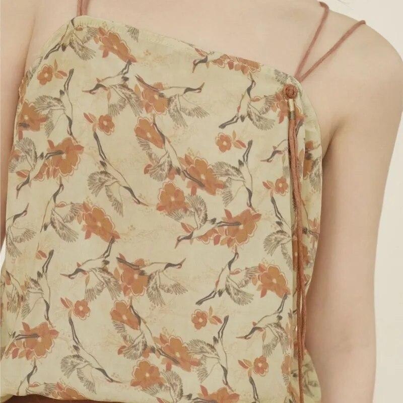 Johnature Dámské jarní camis v čínském stylu Vintage bavlněný potisk květinové topy Dámské camis