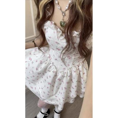 Small Woman Summer Waist Thin Puffy Short Skirt Lace Lace Splicing Floral Suspender Dress