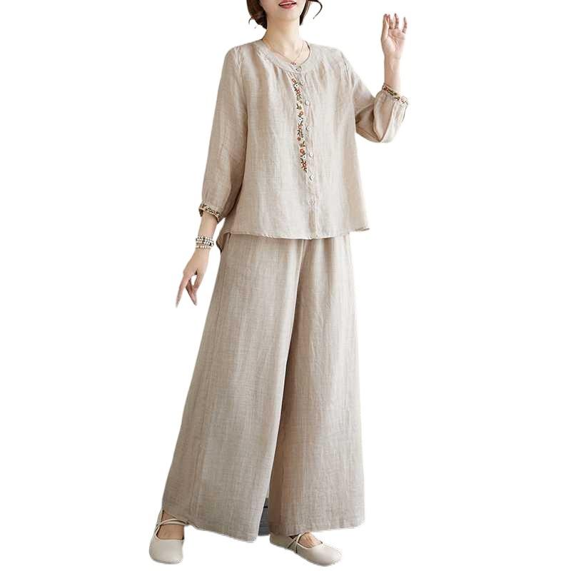 Besticktes Unregelmäßiges Hemd+Weitbeinige Hose Set Retro Kunst Locker Vielseitig Zweiteilige Outfits für Damen