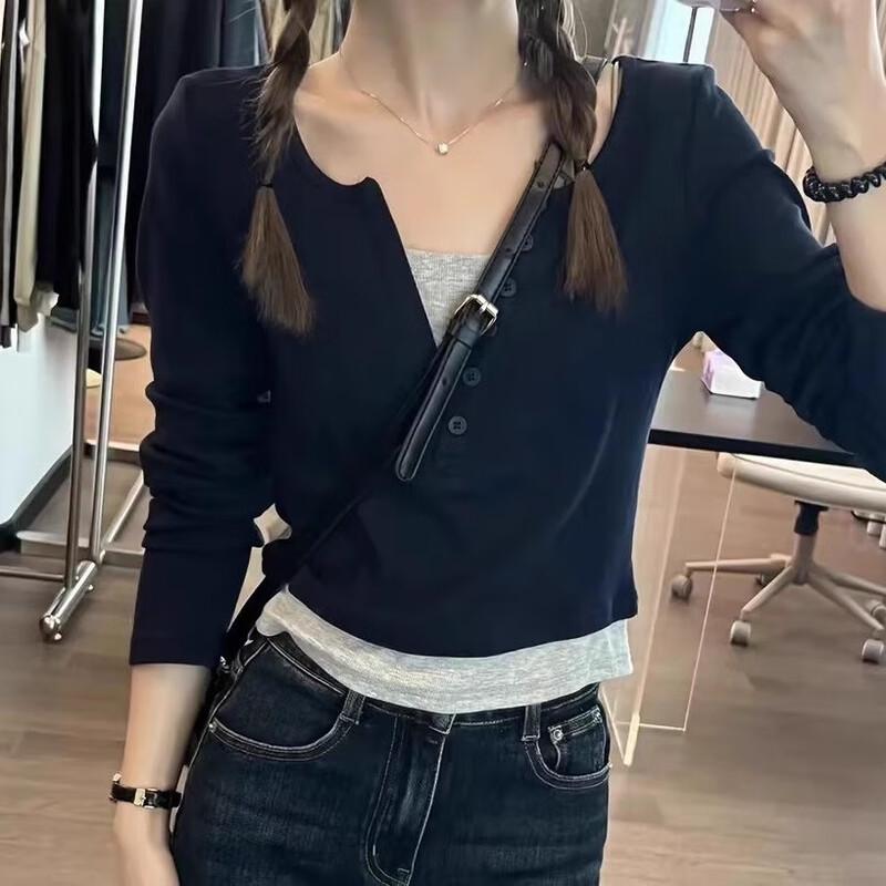 

Женский топ с длинным рукавом и V-образным вырезом, контрастный, имитация двойки L