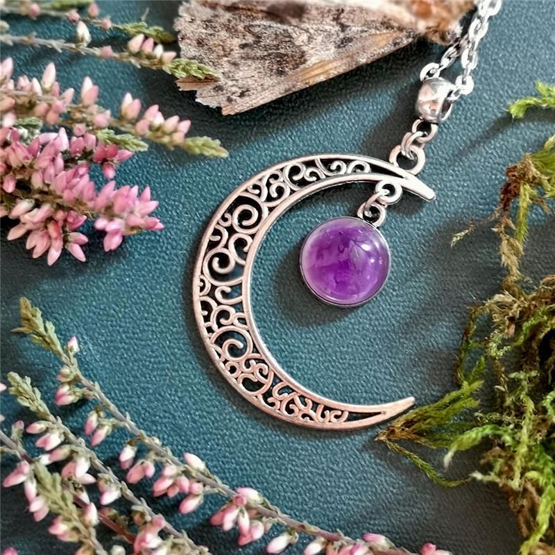 Lila Kristall Mond Gothic Punk Statement Anhänger Halskette