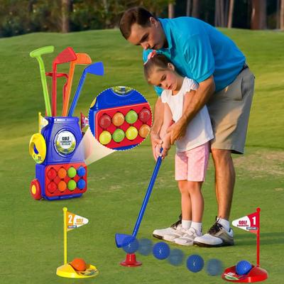 Kids Golf Club Set with Drawbar Cart Plastic Golf Set for Boys Girls Indoor Outdoor Sports Toy with 4 Clubs 8 Balls 2 Holes