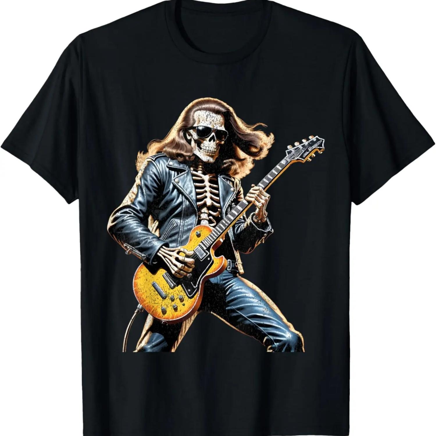 Скелет Играет на Гитаре Рок-н-ролльная Группа Винтажная Мужская Женская Футболка S чёрный