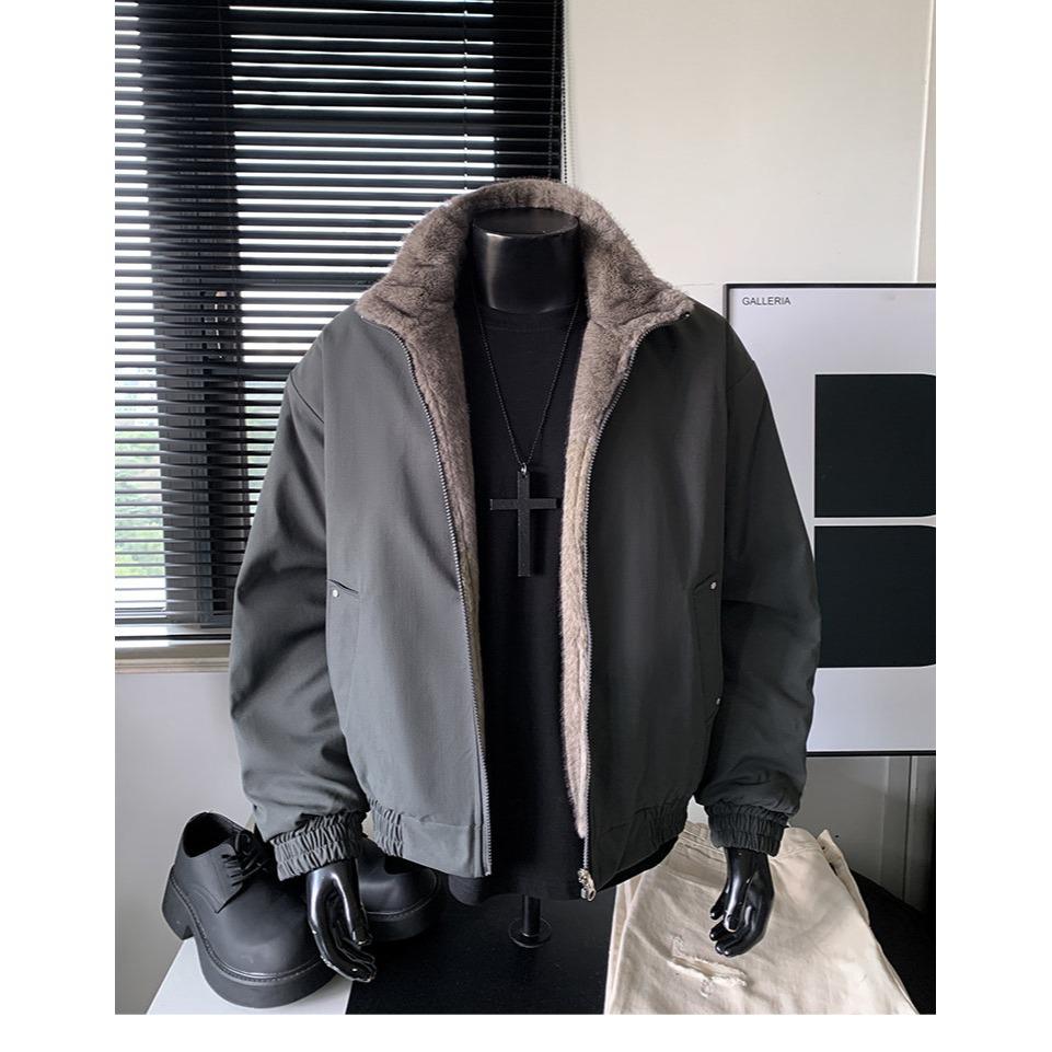 Men's Two-Sided Silver Blue Fox-Cotton Jacket with Fishbone Pattern - Thickened, Plus Velvet for Winter Warmth