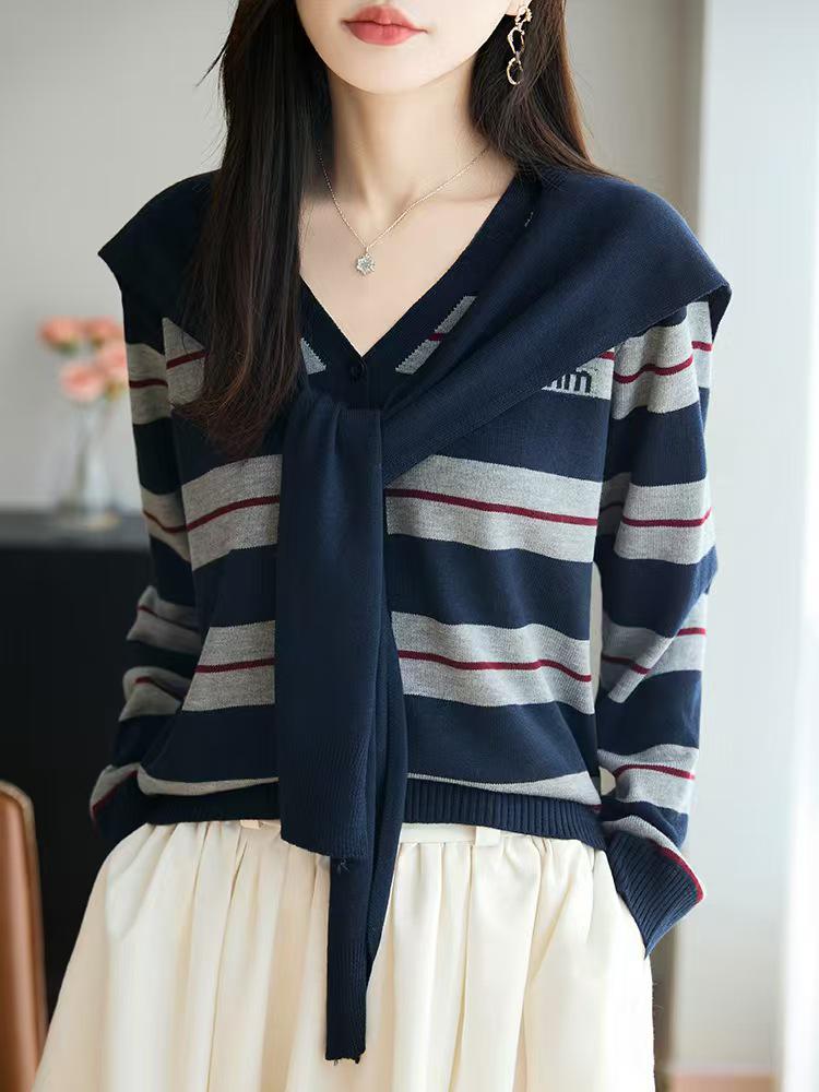 

Women s French Striped Two-Piece Cardigan & Shawl Sweater Jacket Extra Large темно-синього кольору