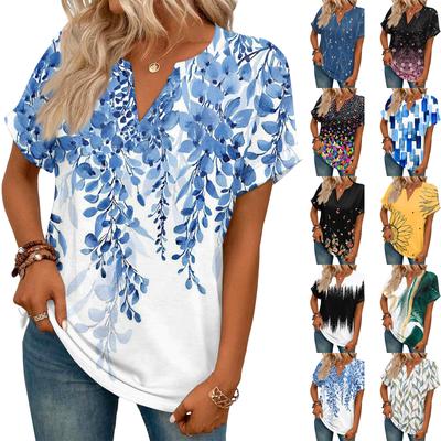 Stijlvol Dames Casual V-hals Korte Mouwen Retro Bloemenprint T-shirt
