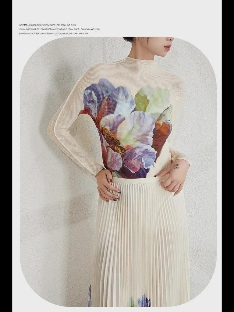 Women's Pleated Floral Two-Piece: Stand Collar Long Sleeve T-Shirt and Skirt