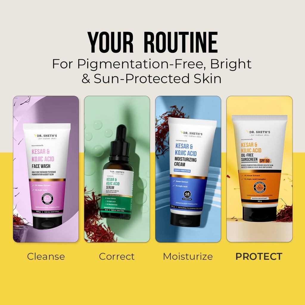Dr. Sheth's Kesar & Kojic Acid Oil-Free Sunscreen SPF 50+ PA++++ 50 G Pack for Oily Skin Protection