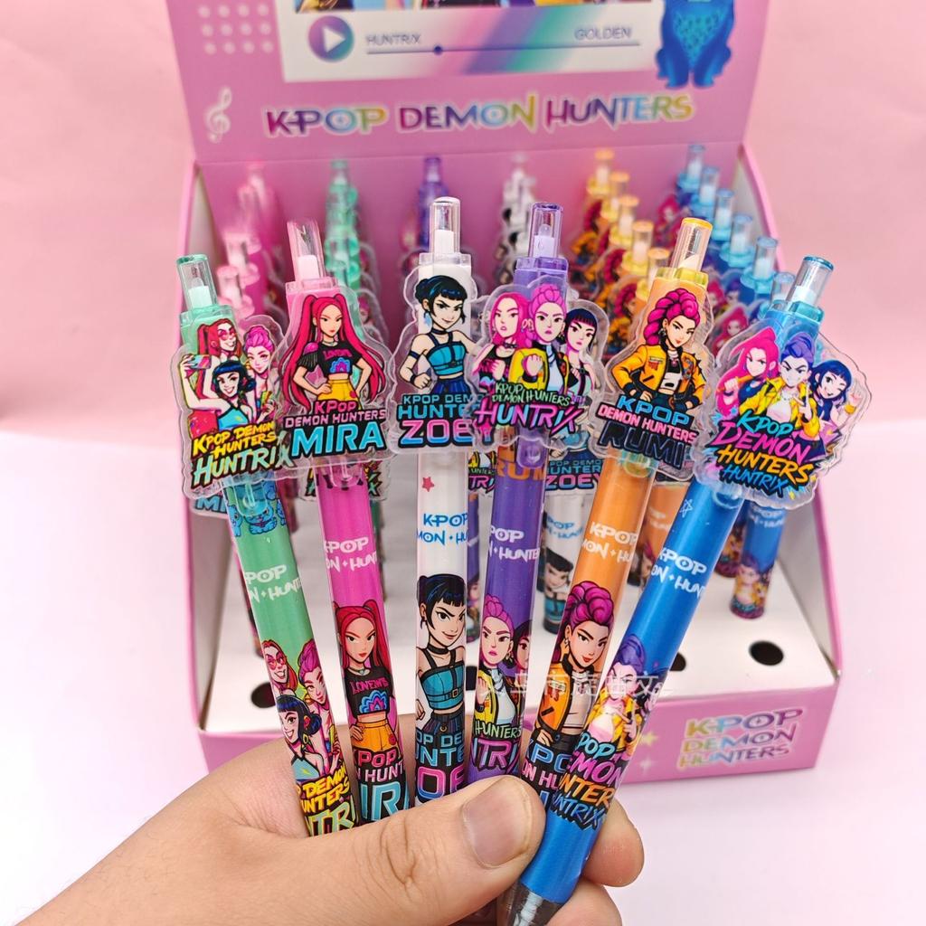 6PCS Cute K-POP Gel Pens Demon Hunters Press 0.5mm Black Ink Acrylic Patch High-Value School Stationery for Students
