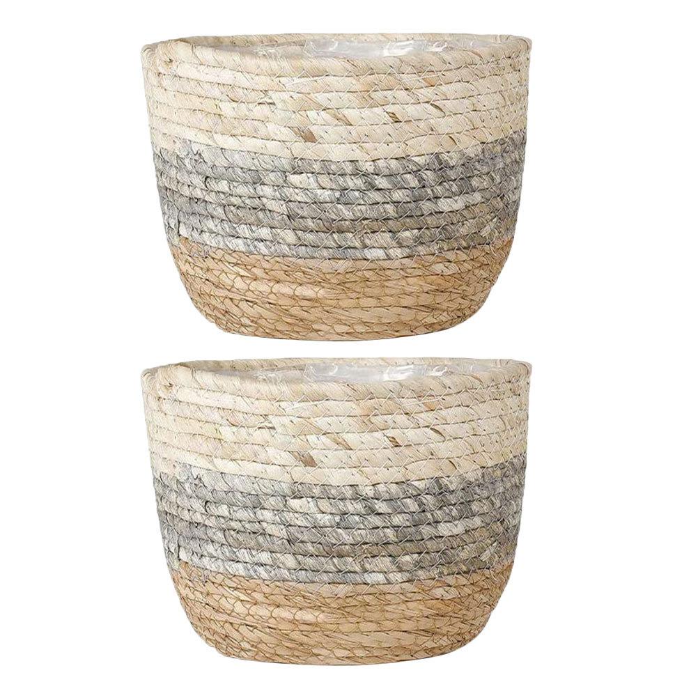 

2pcs Woven Flower Baskets Straw Plant Container For Desktop Indoor Garden Decor Rectangular Multi-Purpose Basket Home Office 22X22X17CM