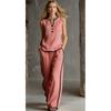 2026 Womens Sleeveless V-Neck Top Wide-Leg Pants Set Color-Block Contrast Trim Lightweight Breathable Outfit