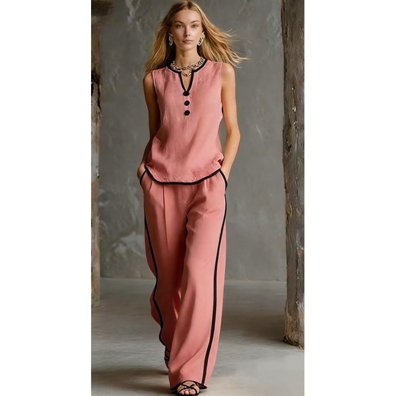 2026 Womens Sleeveless V-Neck Top Wide-Leg Pants Set Color-Block Contrast Trim Lightweight Breathable Outfit