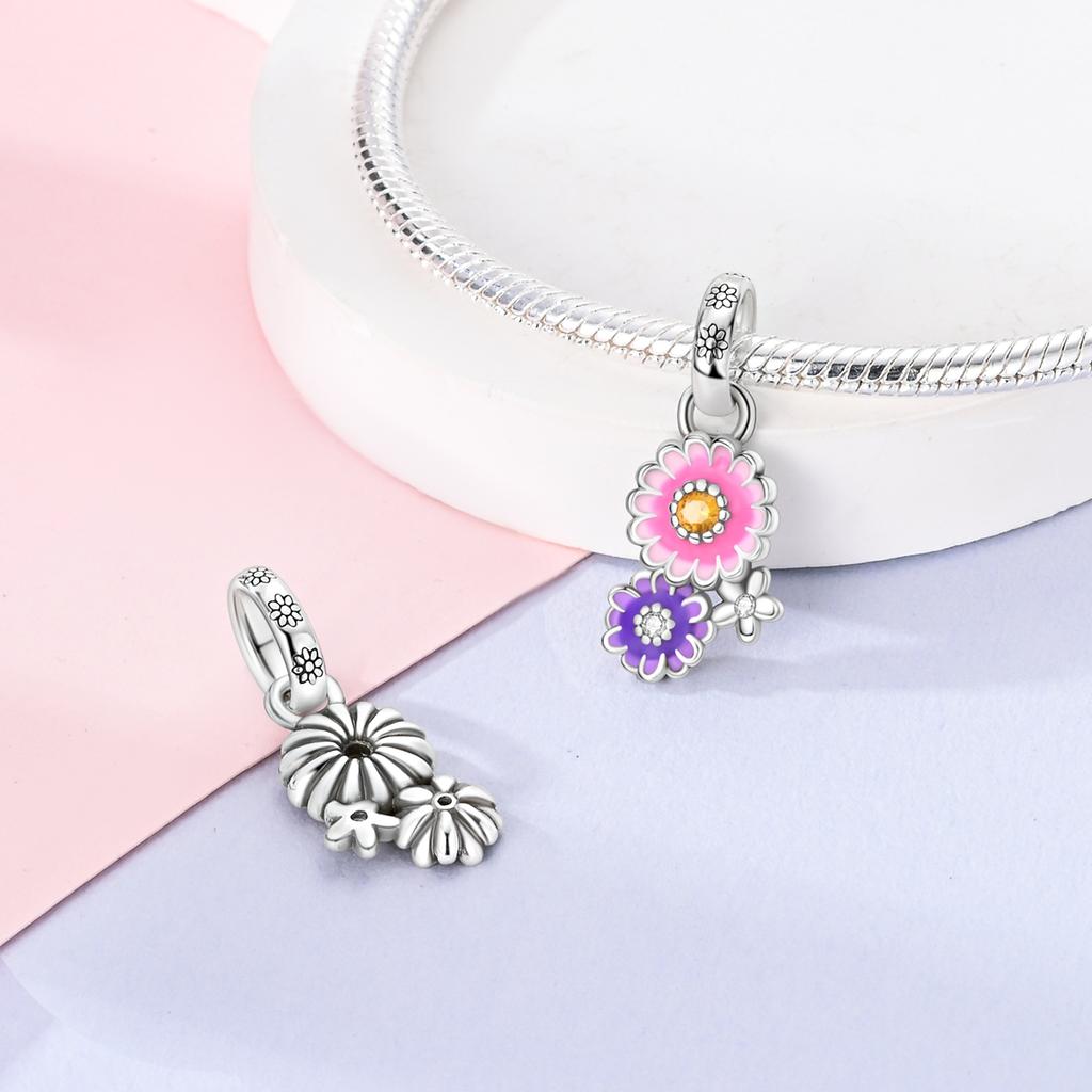 Silver Plated Pink Color Charm Beads Flower Love Heart Dangle fit Original Bangle Bracelet Necklace Pendant Jewelry Women Gift