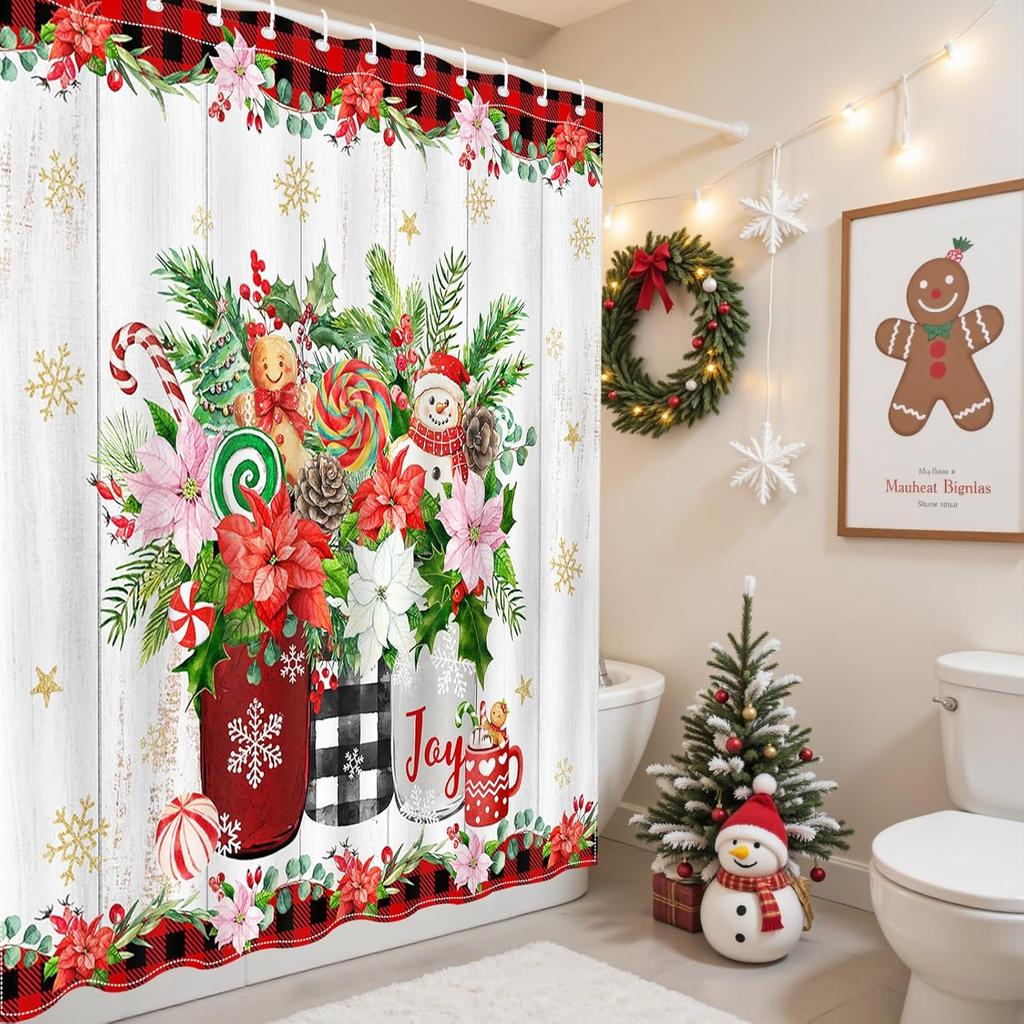 Christmas Shower Curtain Cute Snowman Xmas Red Checkered Floral Shower Curtain With 12 Hooks Xmas Gingerbread-Man Pine Branch