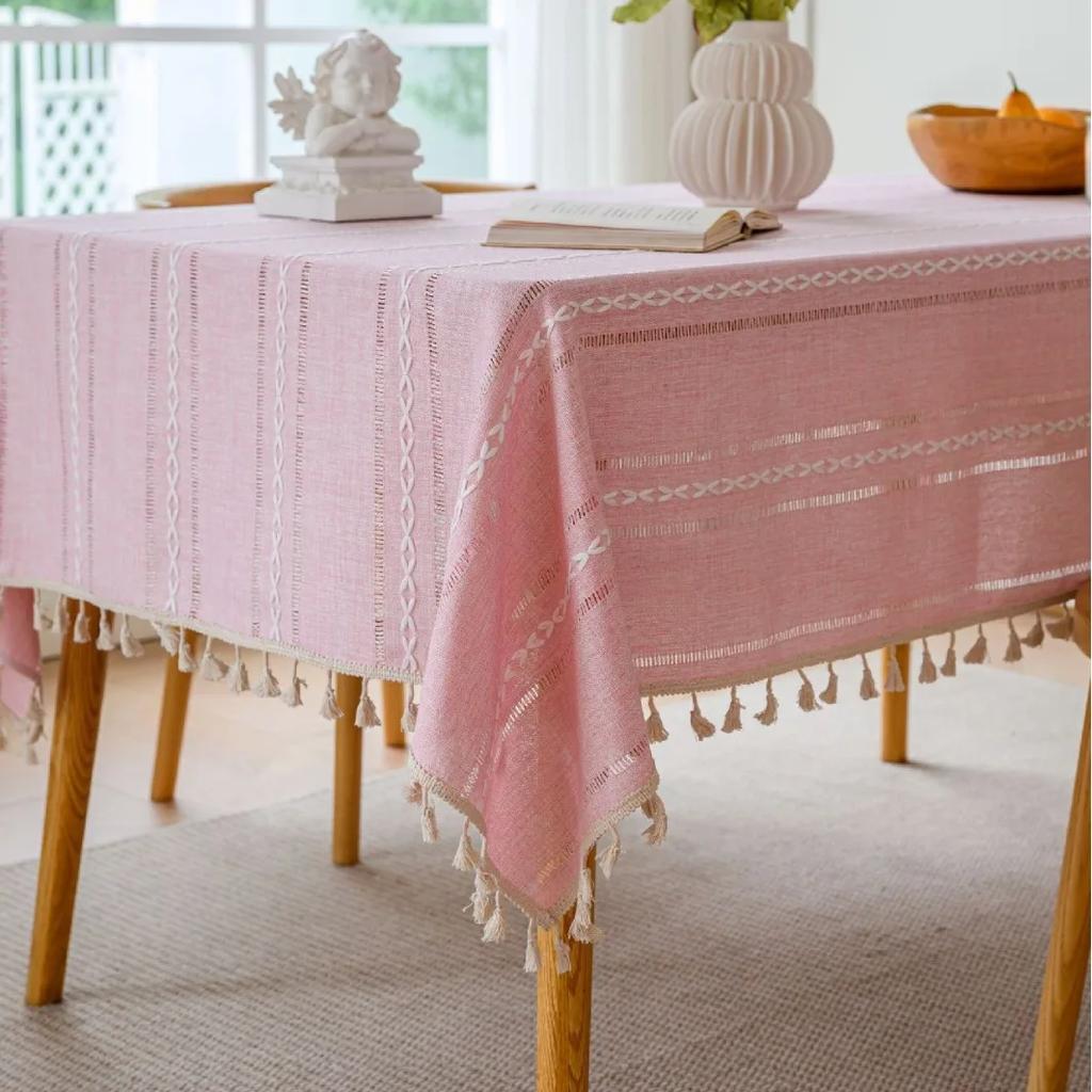Cotton Linen Tablecloth With Tassels Waterproof Oilproof Tea Striped Table Cloth Thick Rectangular Wedding Dining Table Cover