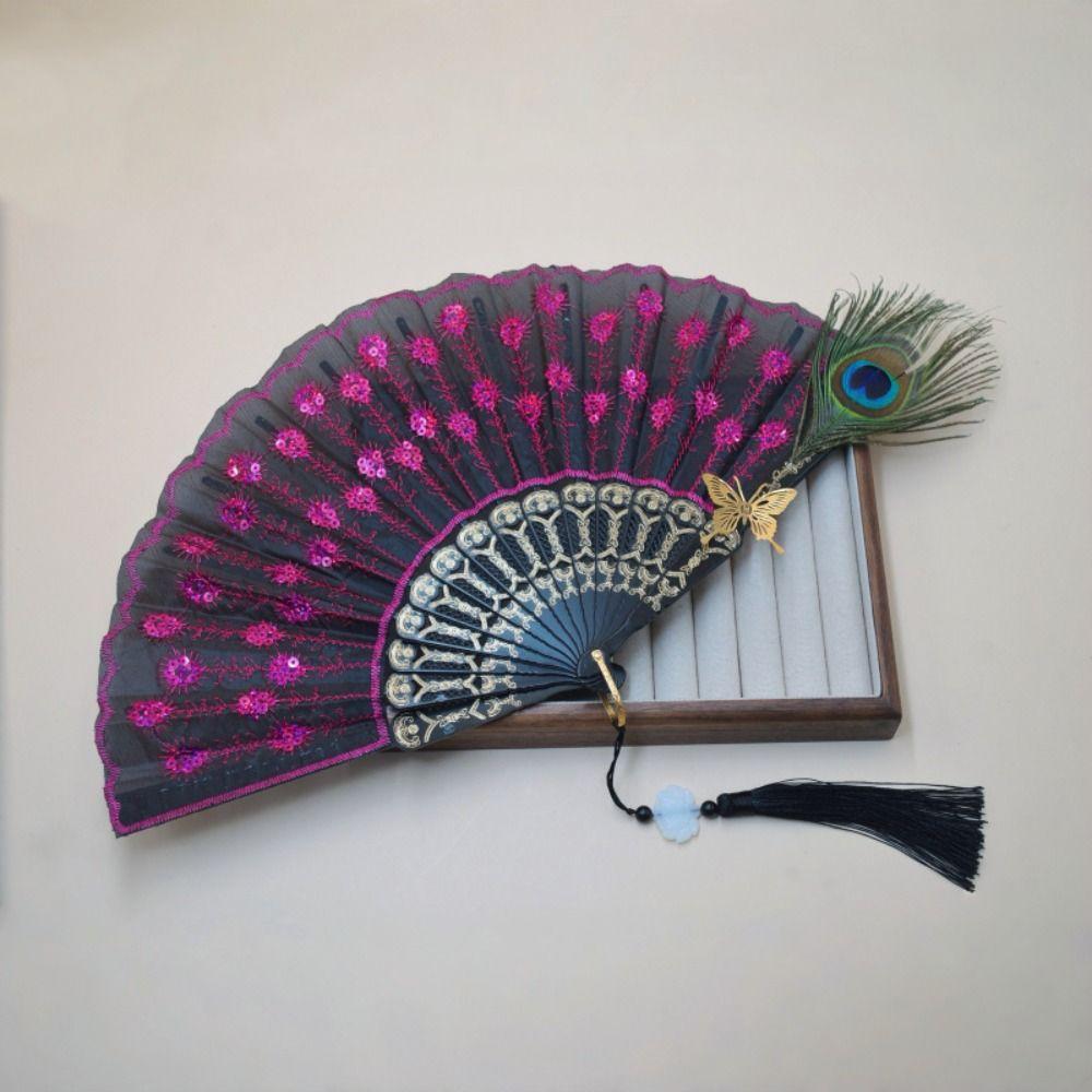 Portable Peacock Feather Folding Fan Exquisite Dance Hand Fans  Wedding Party Decor