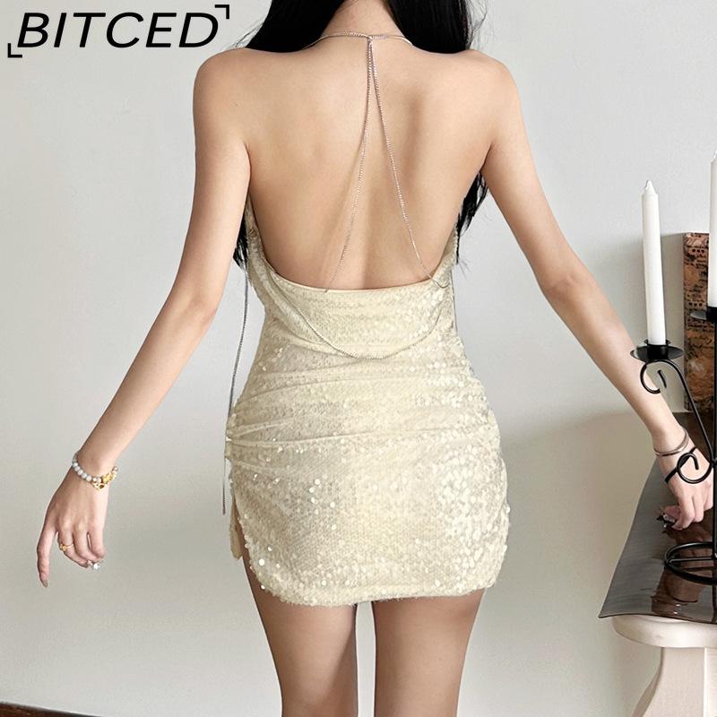 BITCED Fall Women's Solid-Color Slim-Fit High-Waisted Streetwear Halter Backless Dress