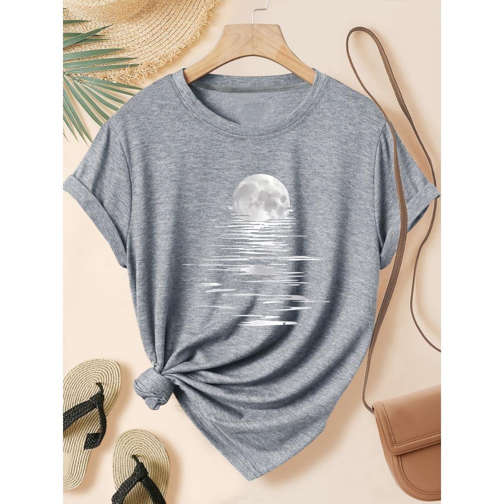 Moonlight Over Water Women's Tee - Minimalist Graphic, Casual Gray Top