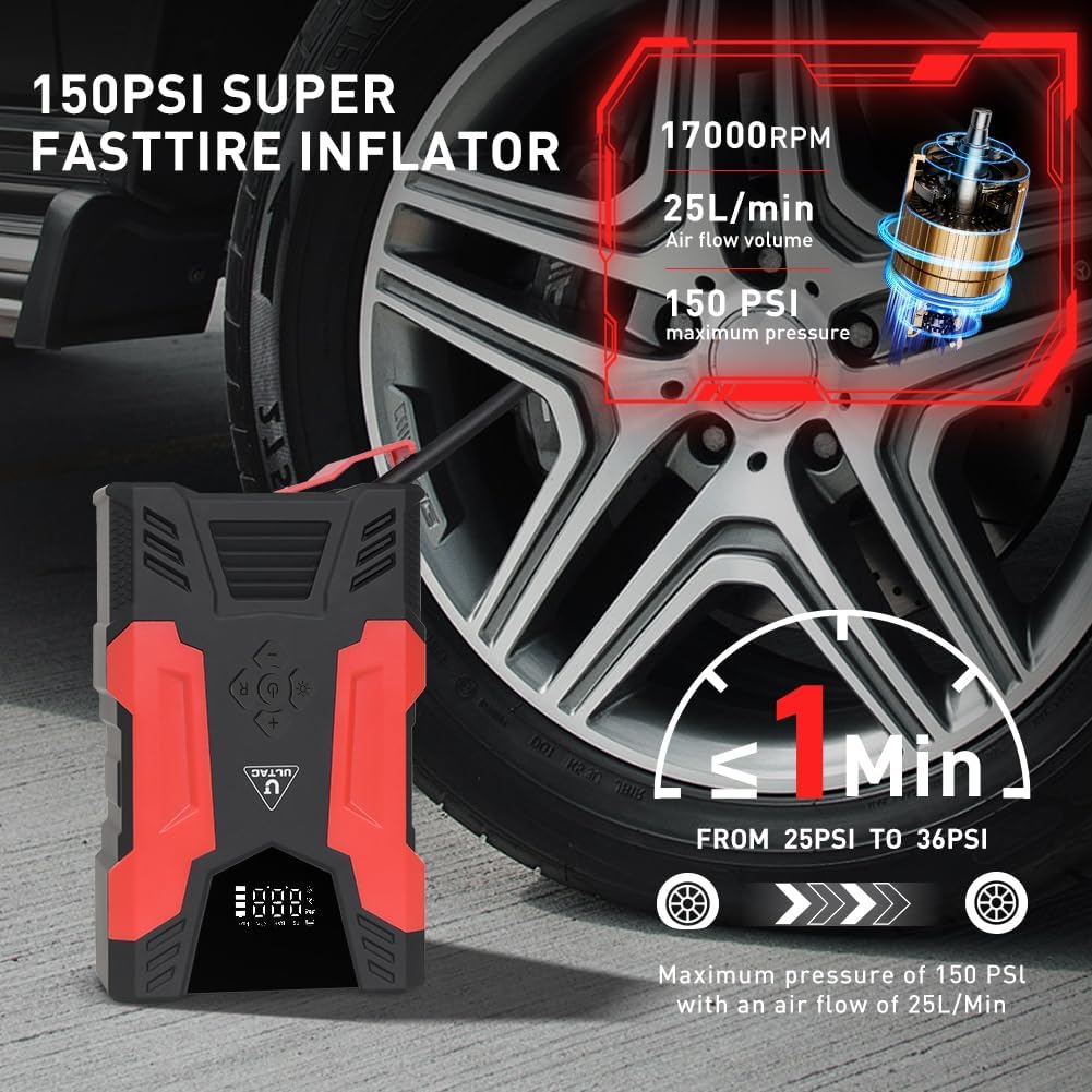 Jump Starter with Air Compressor Portable Jump Pack for Car Battery 150PSI 12V Air Pump with Air Compressor Portable Power Bank Charger LCD Display