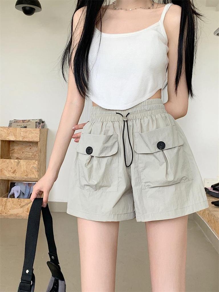 Summer 2024 Women's Gray High-Waisted Wide-Leg Casual Shorts with Double Pockets and Drawstring