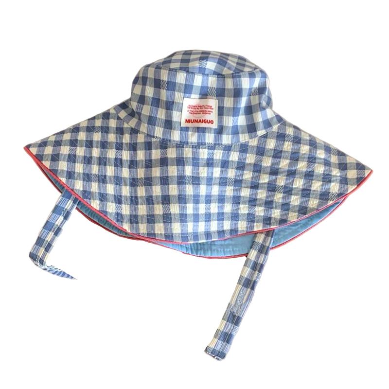 Women Sun Hat Sweet Plaid Wide Edge Fisherman Hat Outdoor Sun Protection Hat Travel Lace Up Hiking Large Brim Beach 5 Colors