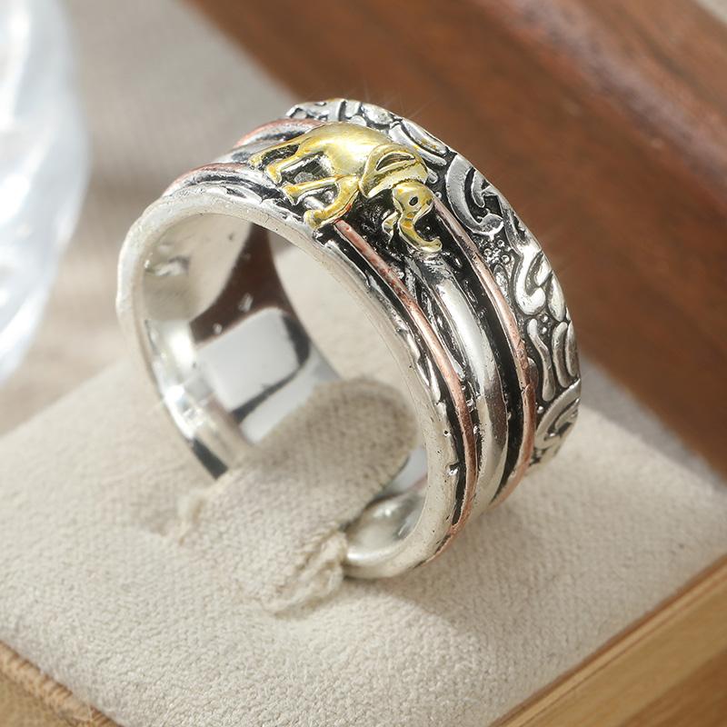 Vintage Hand Carved Elephant Wide Women's Ring Three Color Metal Geometry Daily Wear Party Jewelry Anniversary Gift