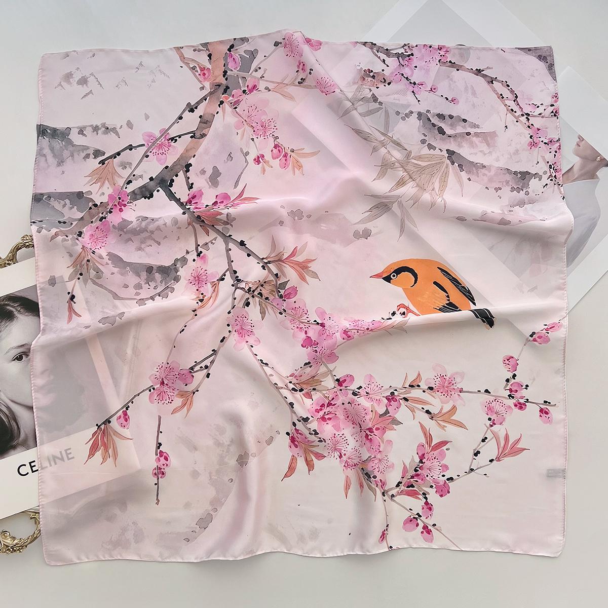 

Универсальный шарф в иностранном стиле на весну и лето, имитация шелка, с рисунком тушью «Цветы персика», всесезонный, маленький квадратный шарф 66cm