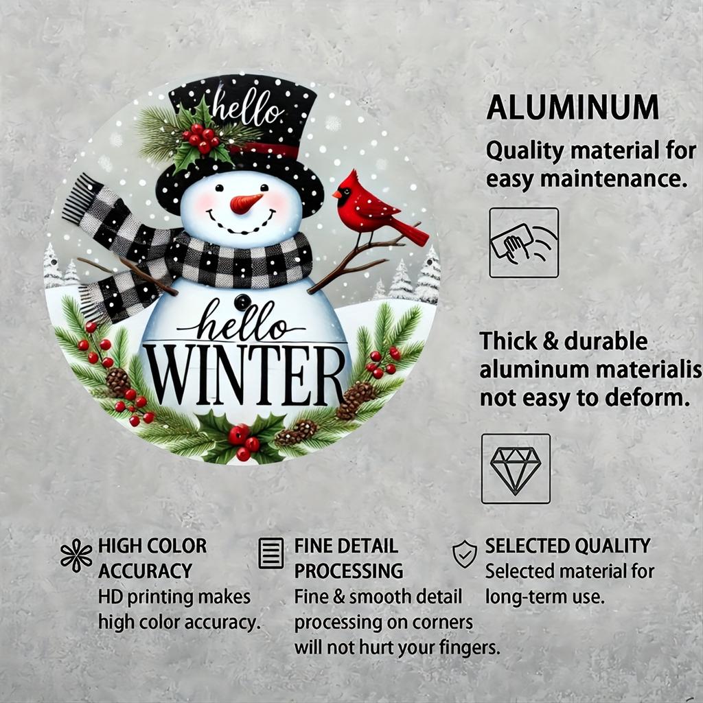 Winter Greetings Carved aluminum foil sign with Holly wreath center attachment, vintage metal tin plate for door, home
