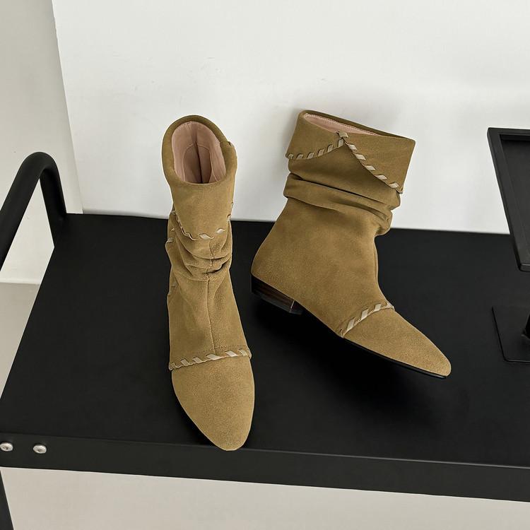 European and American new pointed cats, straps, folds, piles of short boots, flanging one pedal, large size, and more high-heeled boots