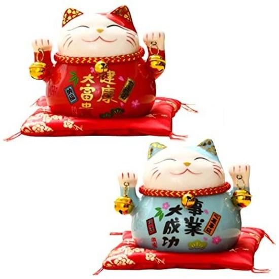 Felimoa Lucky Cat Coin Bank Feng Shui Interior Decoration Money Luck Enhancement Cushion Included 2 Color Set (Red Blue)