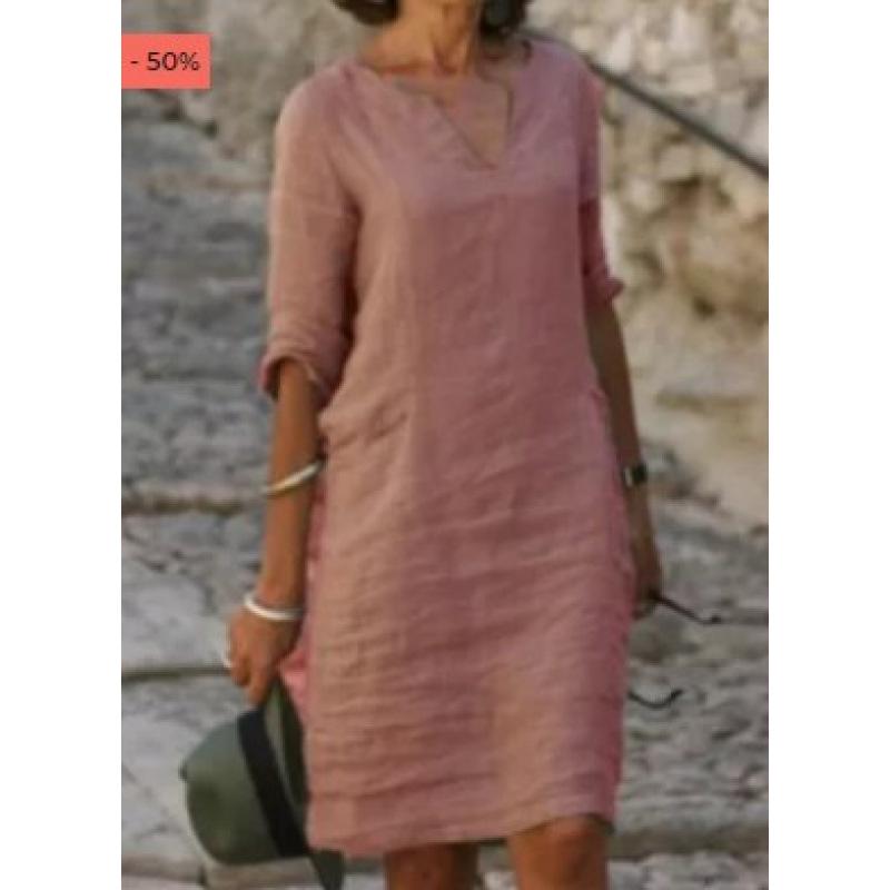 

Women s Cotton Linen Retro Patchwork V-Neck Dress - Solid Color, Three-Quarter Sleeve XL