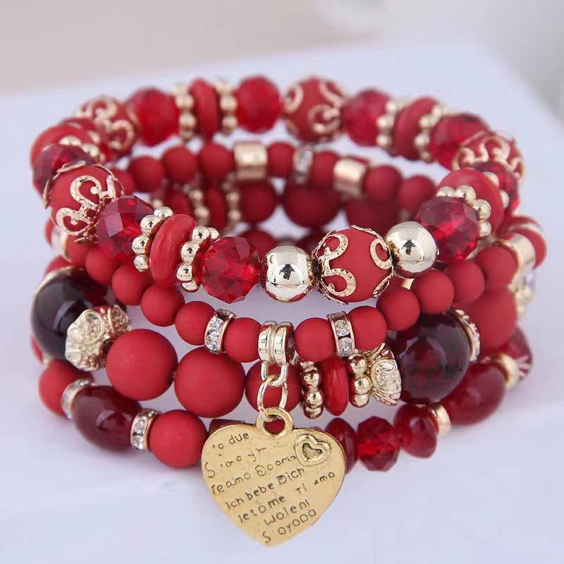 Bohemian Multilayer Elastic Rope Bracelet with Alloy Heart Pendant