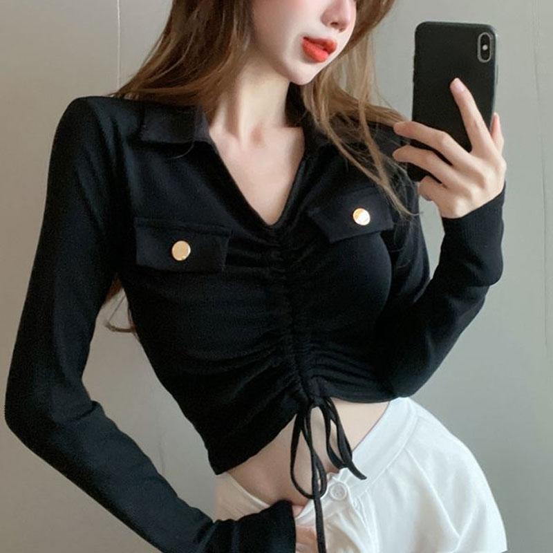 

Hotsweet Футболка с отложным воротником Женская одежда Облегающая Однотонная Весна Осень Стильная Сборка Кулиска Короткие Пуловеры XXL чёрный