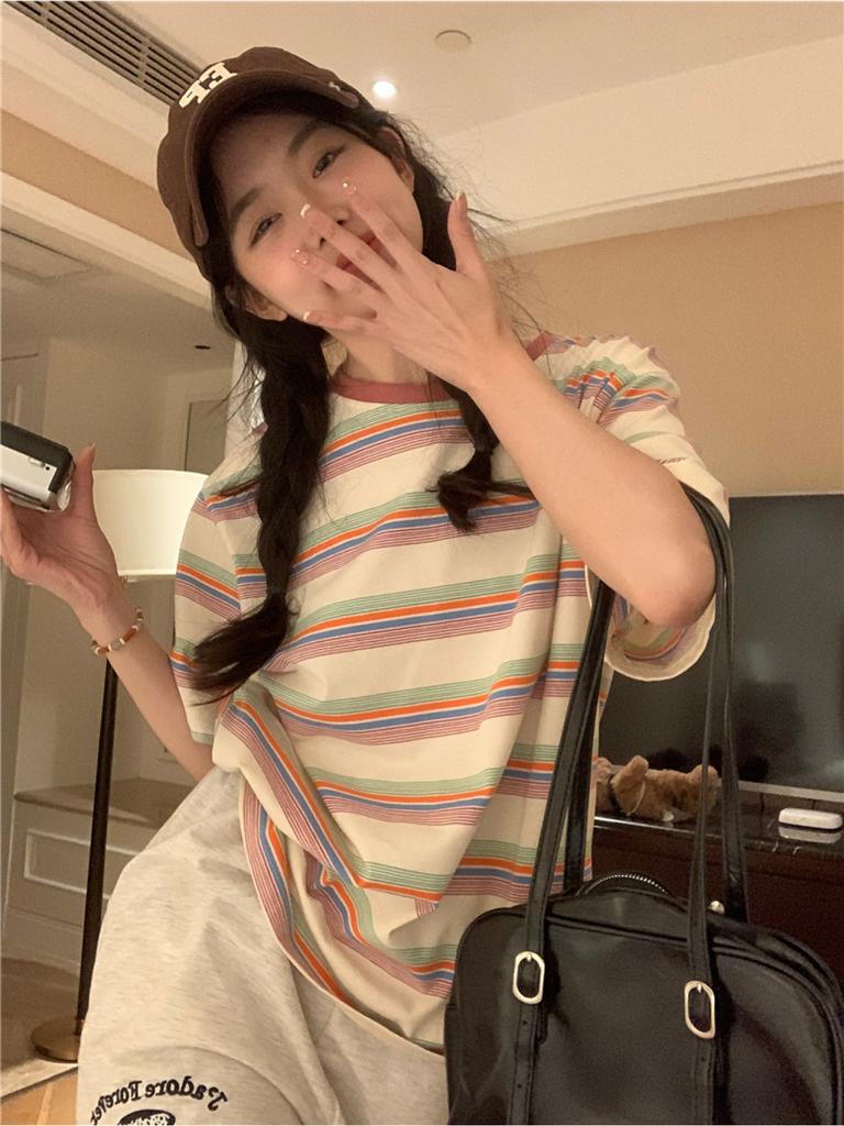 Retro Striped Round Neck Short-sleeved T-shirt Spring and Summer New Women's Loose Short-sleeved T-shirt