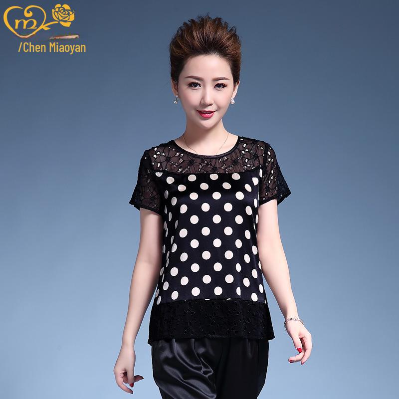 

Летняя женская футболка с коротким рукавом из большого шелкового горошка 2022 года для людей среднего и пожилого возраста 2XL чёрный/белый