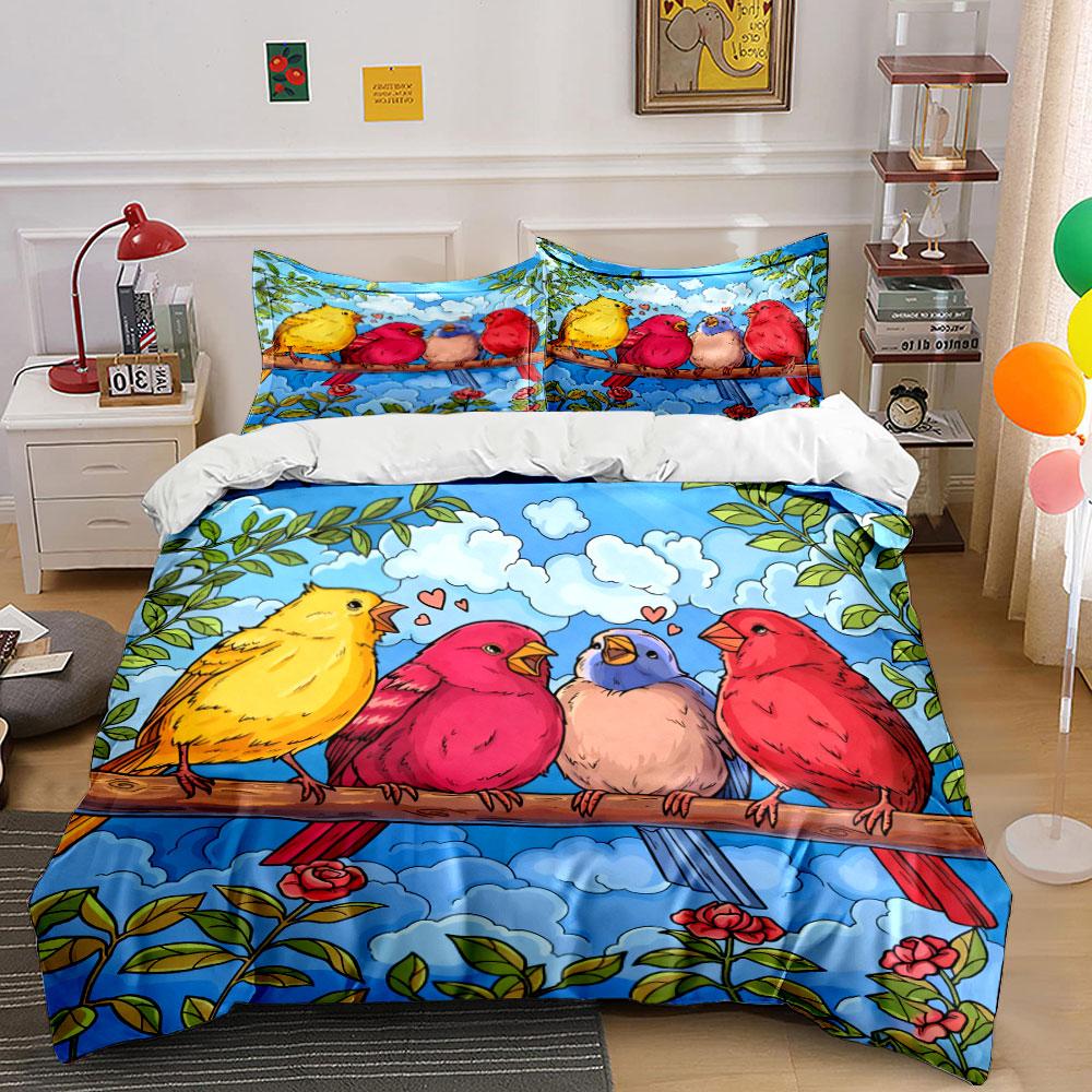Bunte Vögel Kunst Dekor Set Weiche Bequeme Bettbezug Bettwäsche Set Enthalten 1*Bettbezug & 2*Kissenbezüge, Geschenk