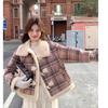 Women's Short Winter Lambswool Coat with Grid Pattern - New Arrival
