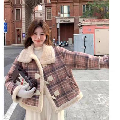 Women's Short Winter Lambswool Coat with Grid Pattern - New Arrival