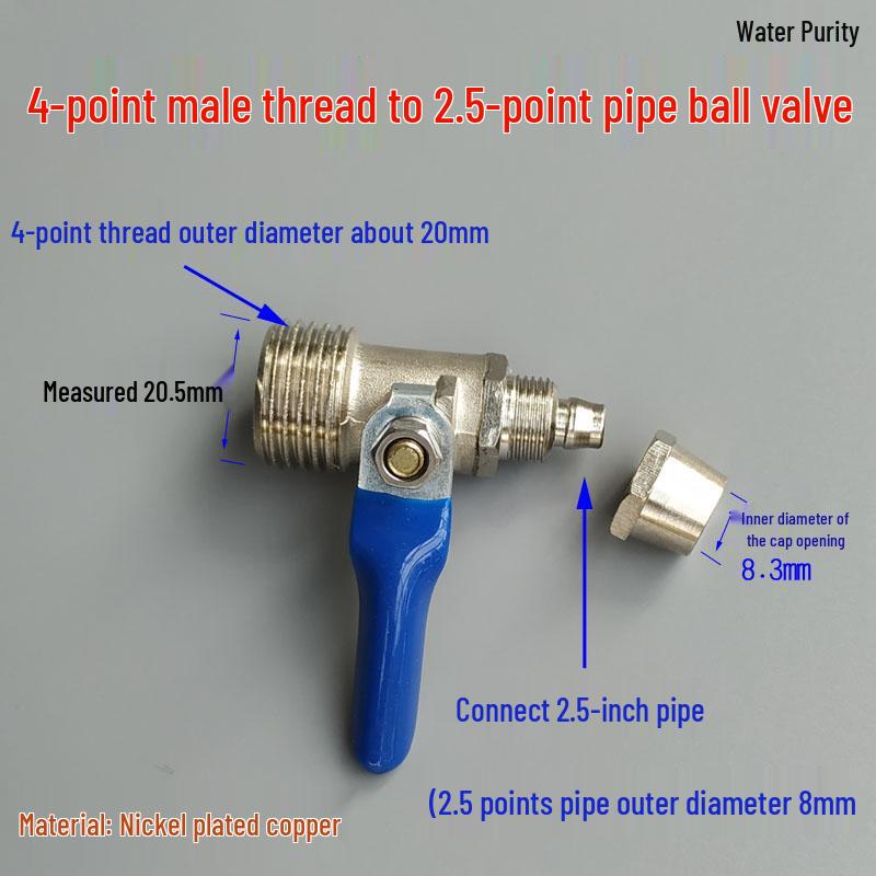 4-Way to 2-Way Tee Connector Water Purifier Valve with Switch, One-Piece Copper Alloy Ball Valve.