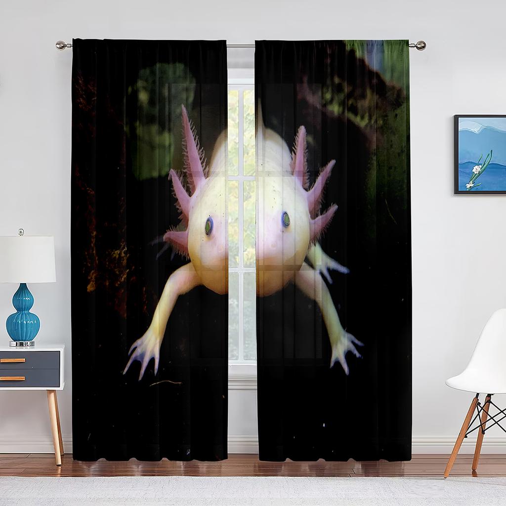 Cartoon Watercolor Axolotl with Hat Sheer Voile Curtain Sealife Reptiles Chiffon Tulle Curtains for Living Room Bedroom Drapes