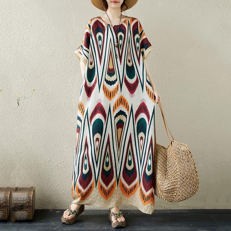 Krátký rukáv Nadměrná velikost vintage květinová novinka v šatech pro ženy ležérní volné Maxi dlouhé letní šaty