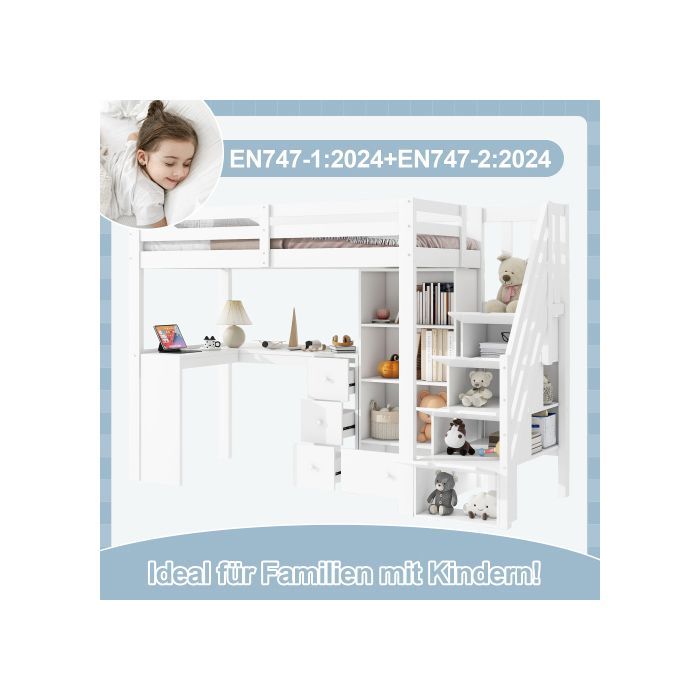 Lit mezzanine - MUVOE - 90x200 cm - Échelle télescopique - Étagères multiples - Certifié EN 747