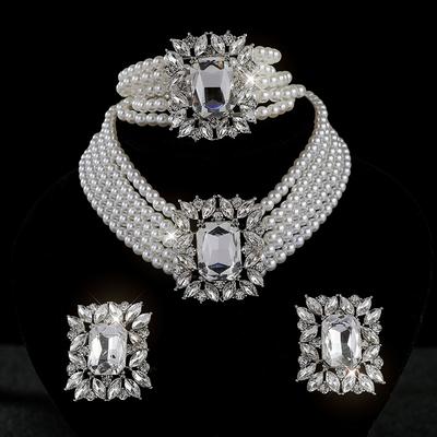 Diamond Set Square Multi-Layer Pearl Clavicle Jewelry Pearl Rhinestone Bridal Necklace Earrings Set Women