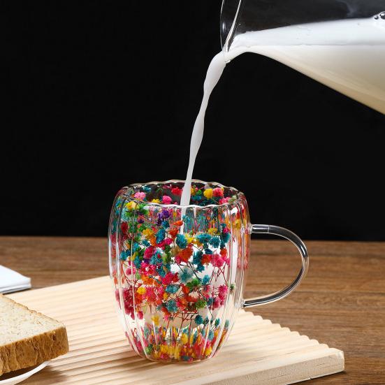 Double-Walled Glass Mug with Dried Flowers 250/350ml Heat Resistant Handle Coffee Cup for Hot Drinks Unique Artistic Glassware