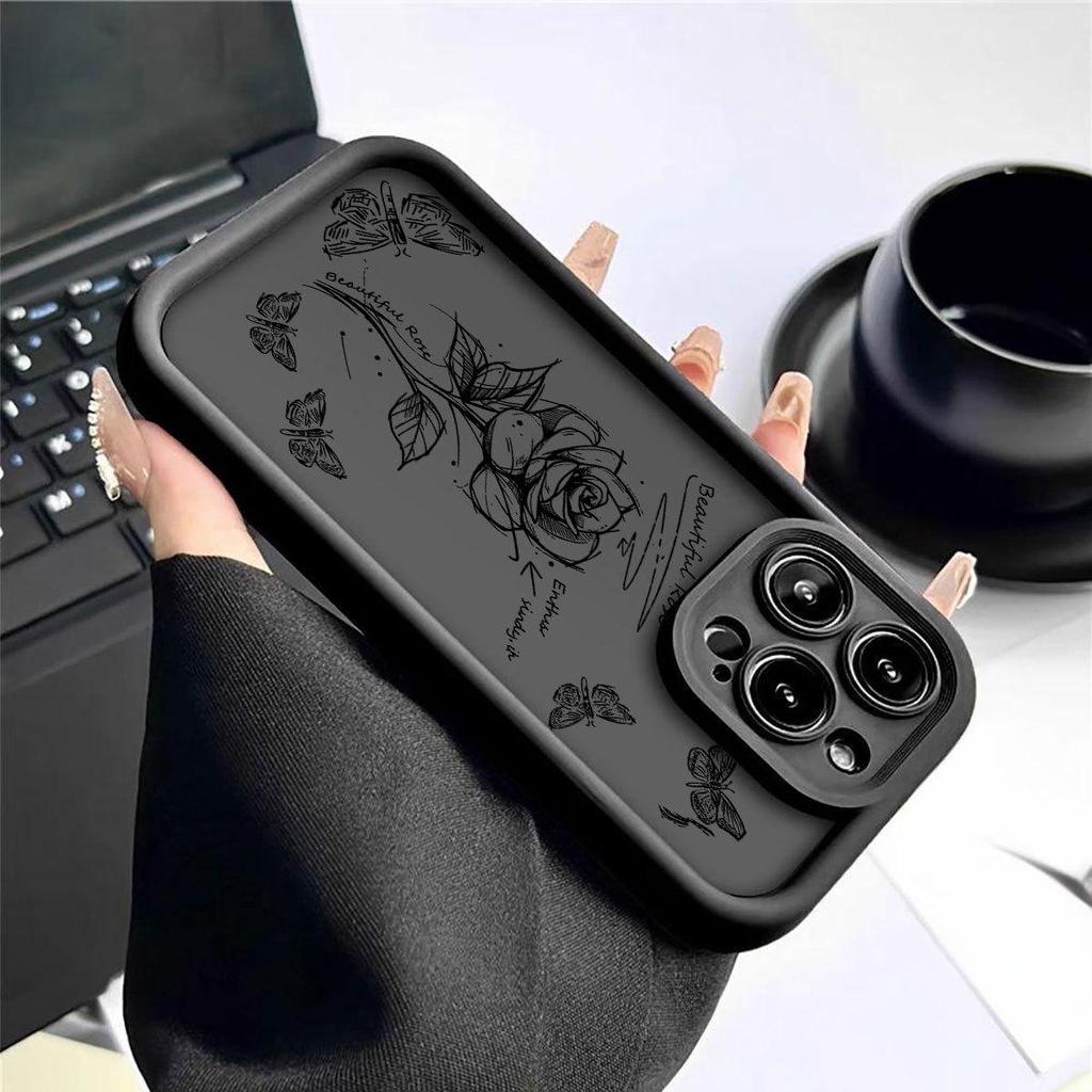 Sketch Rose Flower Design iPhone 14-17 Pro Max Case - Black Groove Edition