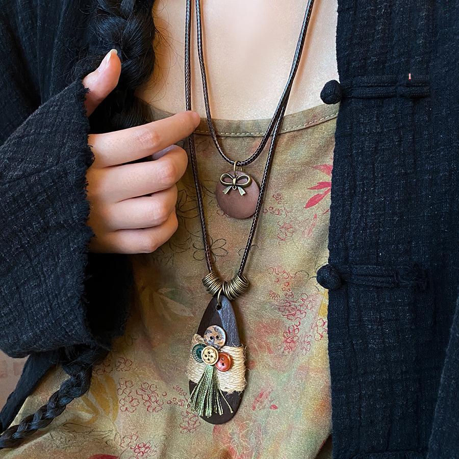 

Овальная кнопка-бант Деревянная стружка Двойное ожерелье Богемный стиль Цепочка для свитера Модное нишевое ожерелье Женское