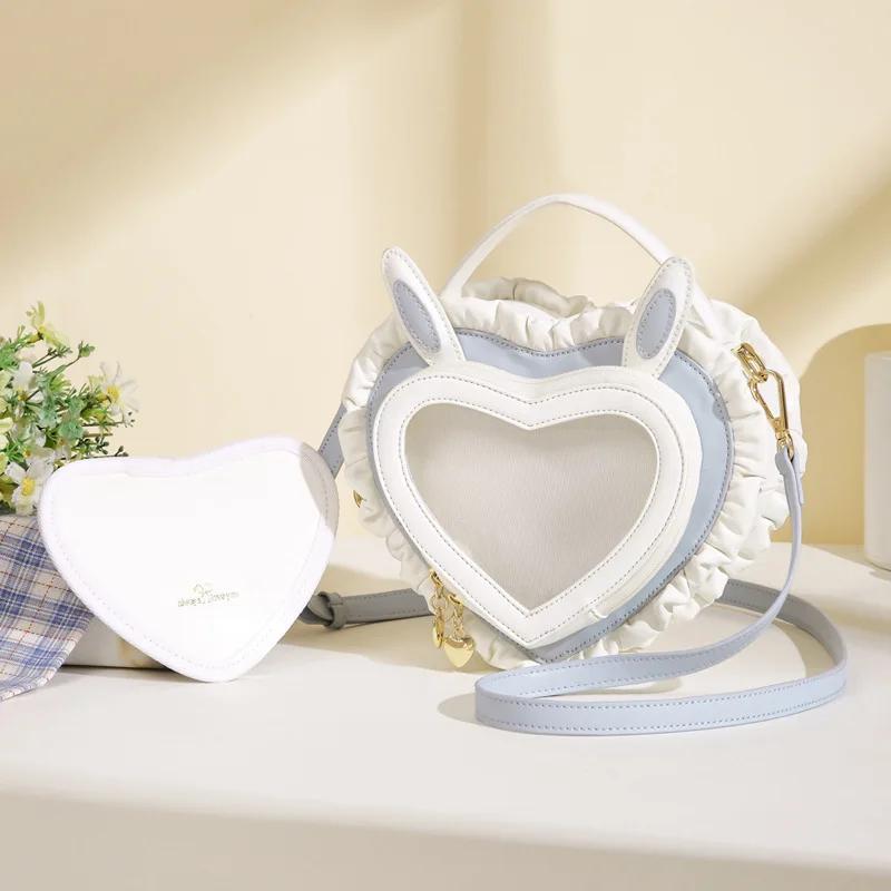 Sweet Lolita Heart Shaped Rabbit Ear Bag Transparent Lace Anime Style Crossbody Shoulder Handbag