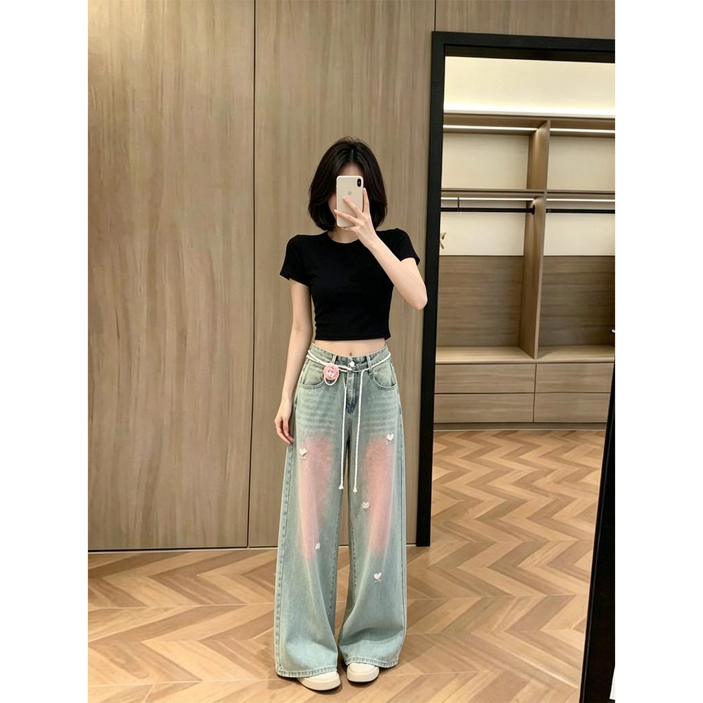 Korean lazy style light-colored denim wide-leg pants women's summer thin loose straight high-waisted drape pants versatile and thin