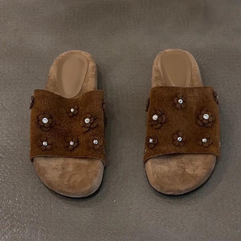 Sheepskin Version~ Fashion Retro Niche Rhinestone Flower Matte Suede One-word Drag Women's Comfortable Cool Slippers