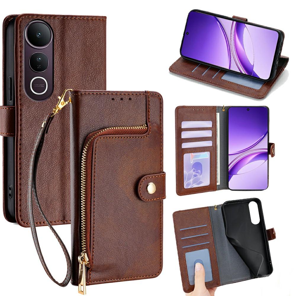 

For vivo V50 Lite 5G Case Zipper Pocket PU Leather Wallet Flip Phone Cover Brown